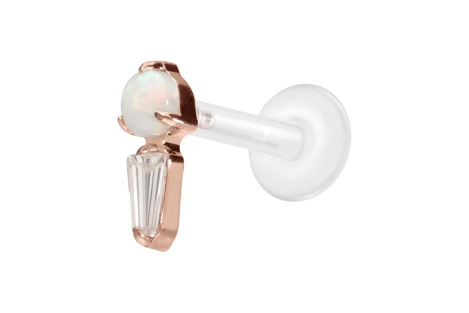 PTFE Labret Piercing mit Innengewinde + Titan-Aufsatz SYNTHETISCHER OPAL + KRISTALLRECHTECK